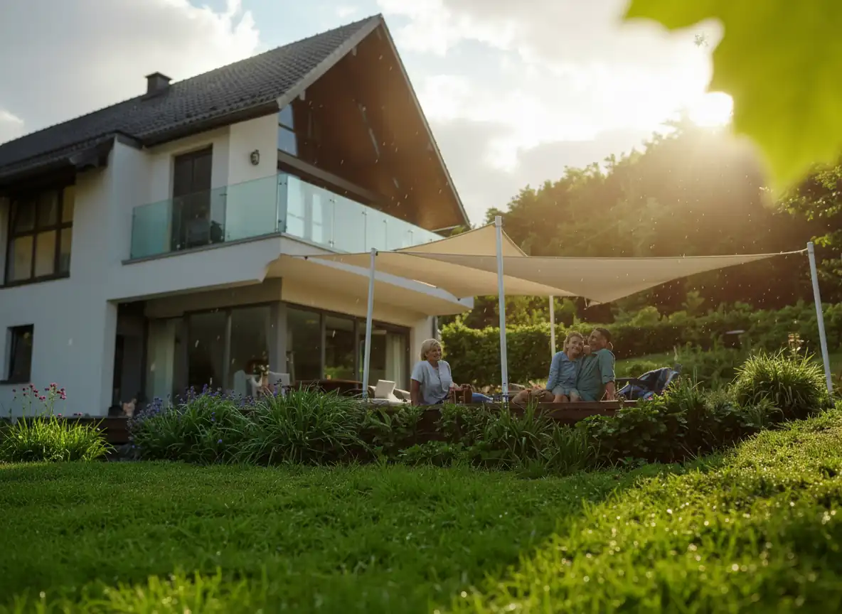 Fest installiertes Sonnensegel Rechteck und Dreieck 2