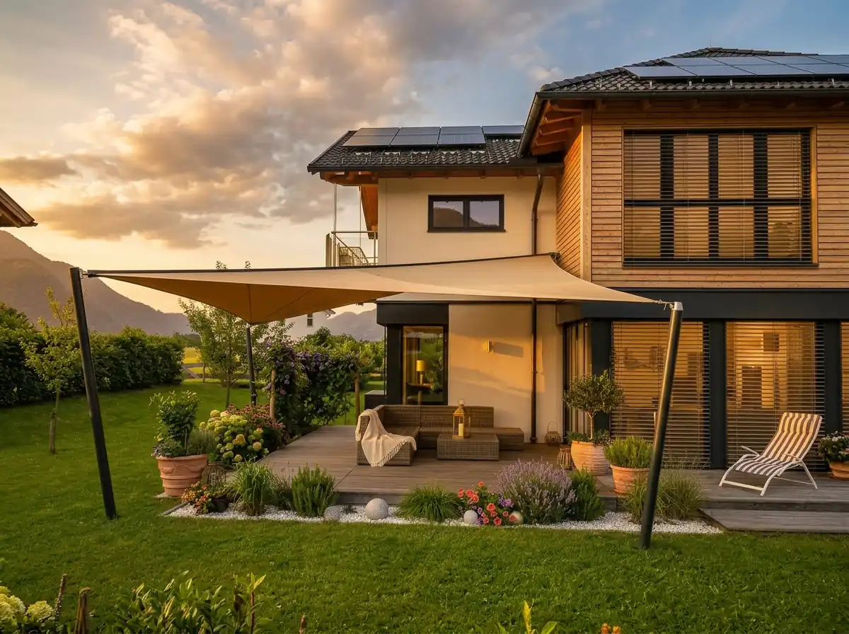 Elektrisch aufrollbares Sonnensegel diagonal am Haus 4 Hypar 3D Sonnensegel architektonisch