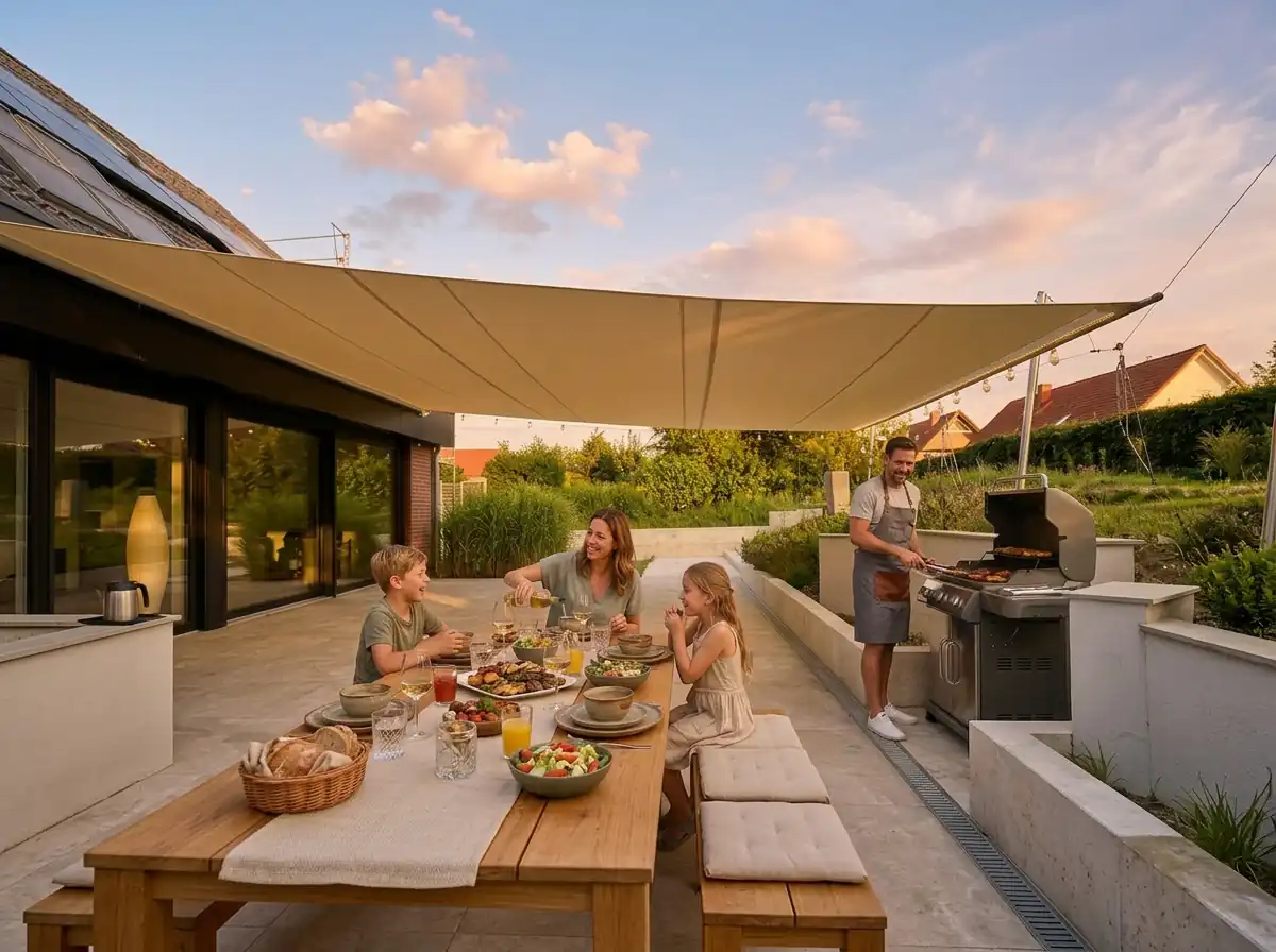 Elektrisch aufrollbares Sonnensegel gerade am Haus 5